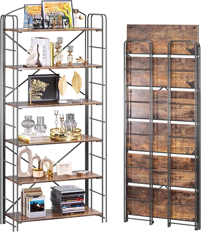 UDD Folding Bookshelf No Assembly, 65"H x 23.7"W, 6 Shelf Foldable Bookcase Industrial Collapsible Bookshelves, Open Storage Book Shelves for Small Spaces Home Office Living Room, Rustic Brown Black