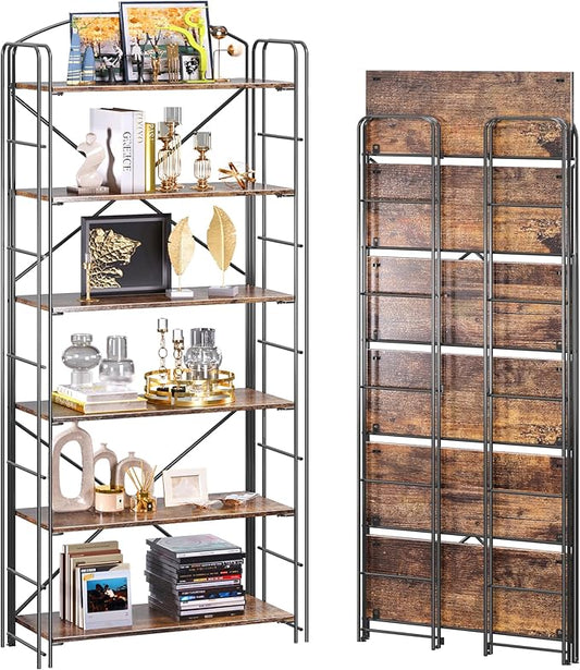 UDD Folding Bookshelf No Assembly, 65"H x 23.7"W, 6 Shelf Foldable Bookcase Industrial Collapsible Bookshelves, Open Storage Book Shelves for Small Spaces Home Office Living Room, Rustic Brown Black