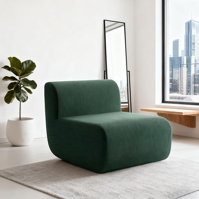Boneless Couch 26" Single Sofa, 1 Seater Corduroy Couch, No Assembly Modern Compression Sofa in Box, Floor Sofa with Ergonomic Design for Living Room, Dark Green