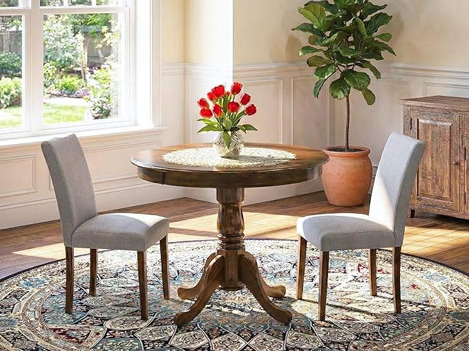 East West Furniture ANAB3-AWA-05 3 Piece Modern Dining Table Set Includes a Round Kitchen Table with Pedestal and 2 Parson Dining Chairs, 36x36 Inch, Antique Walnut