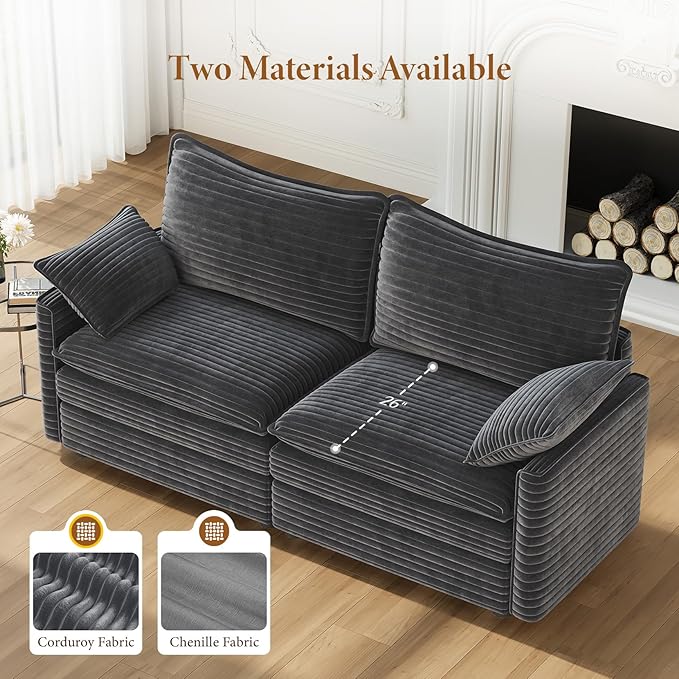 Vesgantti 74" Loveseat Sofa for Living Room, Comfy Cloud Couch Deep Seat Corduroy Modern 2 Seater Small Sofa with Armrest Pillow, Easy Assembly for Small Spaces, Gray | Sink-in Comfort, Height Adjustable, Easy Rearrangement, Extra-deep Ottoman, Solid W...