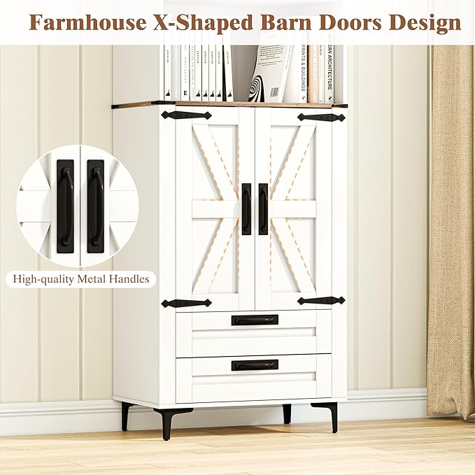 Bookshelf with Doors and 2 Drawers, 72in Tall Bookcase with Storage Cabinet and Adjustable Shelf, White Farmhouse Bookshelves Wood for Living Room, Bedroom
