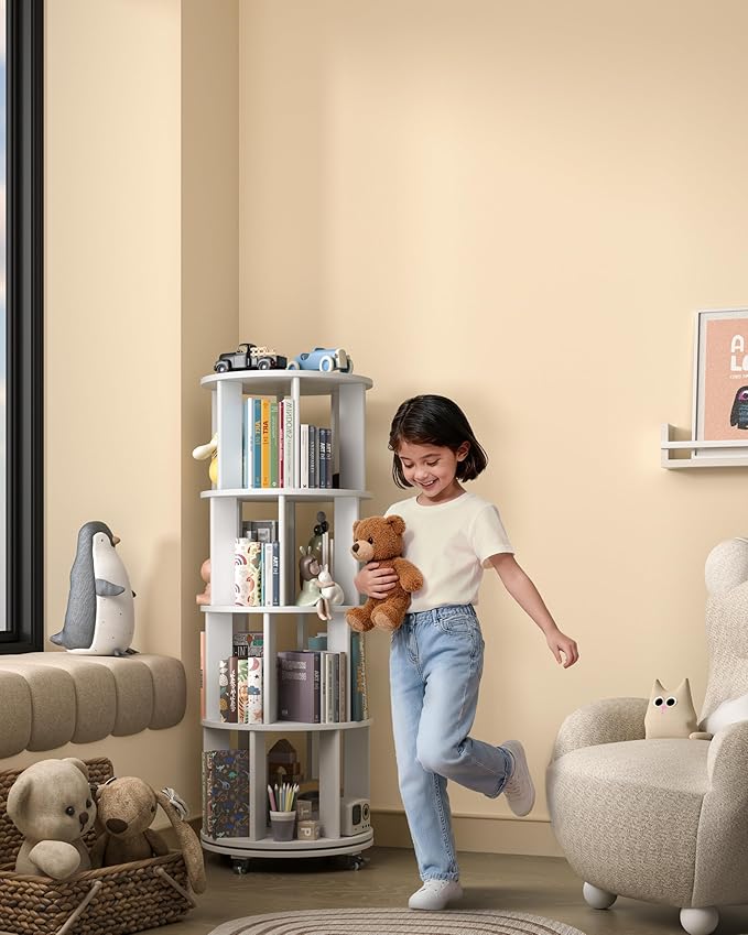 4-Tier Solid Wood Rotating Bookshelf on Wheels, 360° Spinning Book Shelf Tower, Round Revolving Bookcase Organizer, Rolling Bookshelves for Small Spaces, Corner, Bedroom, Kids Room, Office, White