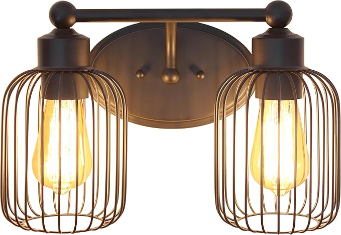 Elegant Designs VT1021-BLK 14" Industrial Farmhouse 2 Light Metal Birdcage Decorative Wall Mounted Vanity Fixture with Matching Metal Oval Backplate Vanity, Black