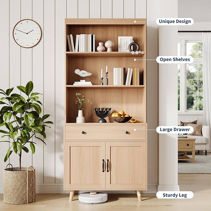 GarveeHome Tall Bookshelf with Storage Cabinet, 72.4" Wood Bookcase with Doors, Drawer & Open Shelves, Freestanding Display Bookshelves for Home Office, Living Room, Bedroom, Kitchen