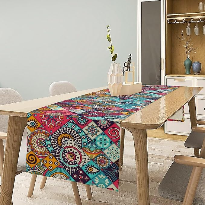 Boho Bohemian Table Runner Colorful Abstract Mid Century Geometric Table Ruuner Decoration for Kitchen Dining Room 13x120in