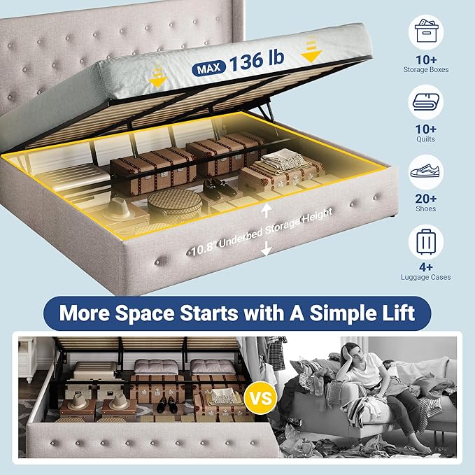 Allewie King Size Lift Up Storage Bed, Button Tufted Headboard with Wingback, Hydraulic Support, No Box Spring Needed, Light Beige
