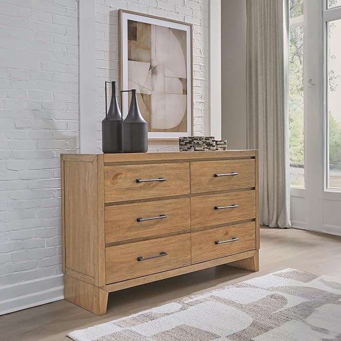 Signature Design by Ashley Sherbana Casual 6-Drawer Dresser with Safety Stop and Felt-Lined Top Drawers, Light Brown