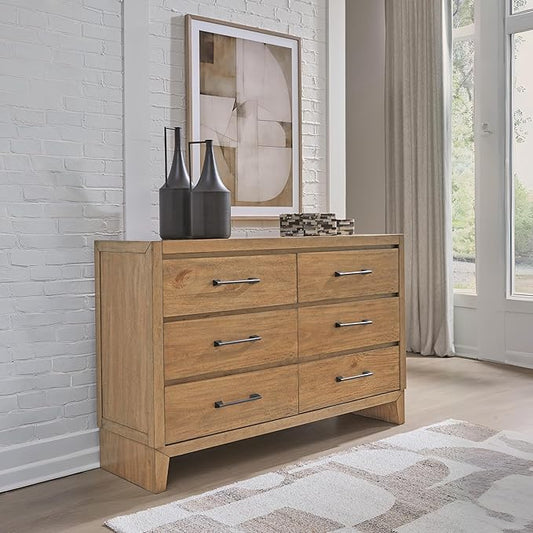 Signature Design by Ashley Sherbana Casual 6-Drawer Dresser with Safety Stop and Felt-Lined Top Drawers, Light Brown