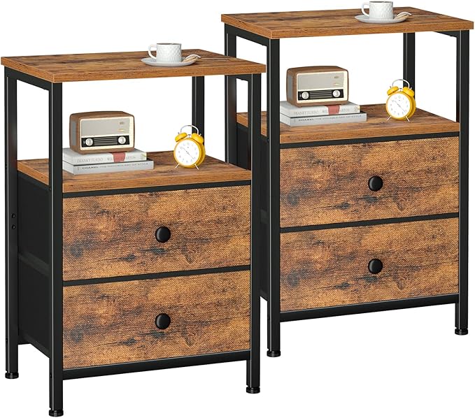 Night Stand Set 2, Bed Side Table with 2 Fabric Drawers, Nightstand with Open Storage Shelf for Bedroom, Small End Tables Living Room, Rustic Brown, HETS002BR