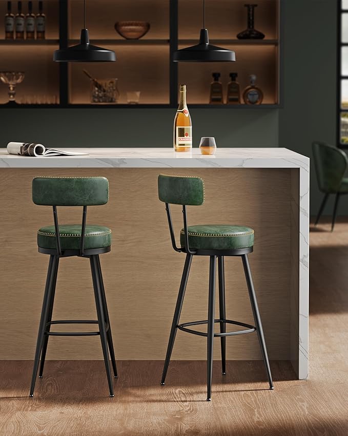 VASAGLE EKHO Collection - Bar Stools Set of 2, Swivel Bar Height Bar Stools with Back, Synthetic Leather with Stitching, Mid-Century Modern, 30-Inch Tall Barstools for Kitchen Home Bar, Forest Green