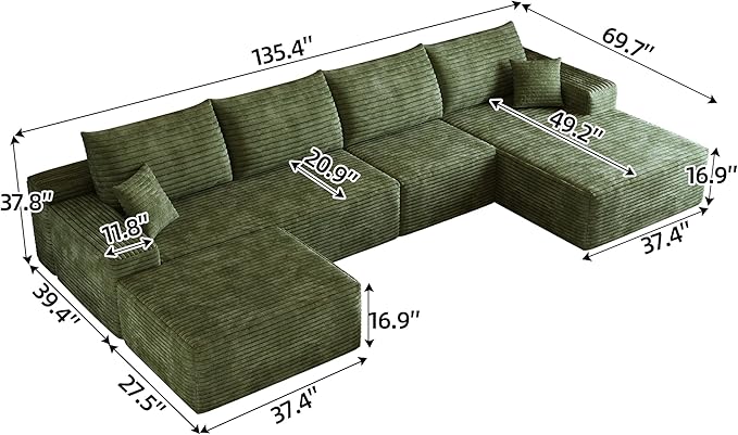 135" U Shaped Boneless Couch with Ottoman, Convertible Sleeper Compression Sofa, Corduroy Couch Sectional for Living Room Bedroom, Deep Seat Foam Cloud Sofas No Assembly, Right Facing Chaise, Green | Space-Smart Design