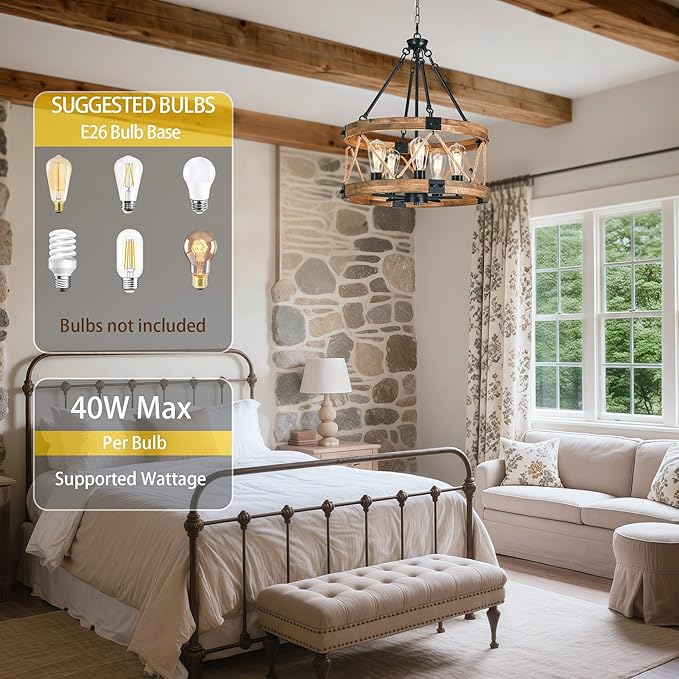 Farmhouse Chandeliers for Dining Room, 19.7” Rustic Chandelier, Round Hanging Light,5-Light Chandelier, Wood Chandelier Modern Chandelierr for Kitchen Living Room Foyer Entryway