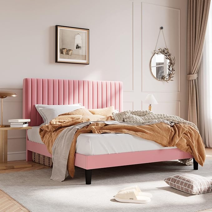 SHA CERLIN Full Upholstered Platform Bed Frame with Adjustable Headboard/Vertical Channel Tufted Velvet Fabric/Wooden Slats Support/Mattress Foundation/Box Spring Optional/Pink