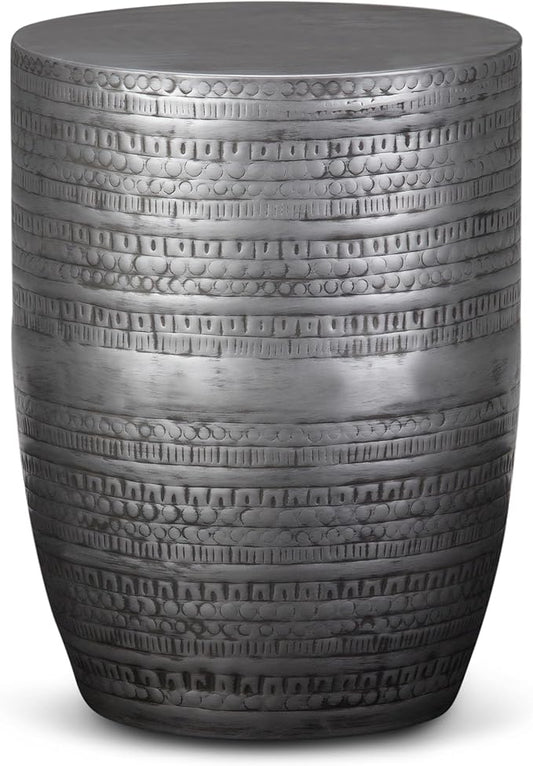 SIMPLIHOME Johnsen Metal Table - 15 inch Wide Solid Iron Drum Accent Table in Antique Silver with Tribal Pattern, Round Boho End Table for Living Room, Bedroom, or Home Office, Fully Assembled