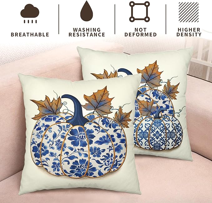 Fall Blue and White Porcelain Color Pumpkin Pillow Covers 20x20 Set of 2 Autumn Chinoiserie Grandmillennial Decorative Throw Pillow Covers for Home Couch Sofa