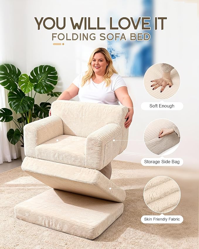Boneless Couch Sofa Bed, Convertible Sleeper Chair with One-Piece High-Density Foam (No Lumps), Foldable Floor Mattress for Adults Guest Gaming, Non-Slip, Side Pockets, 84"x35", No Assembly