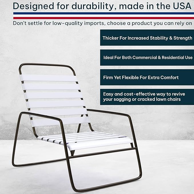 1.5 Inch Wide, 100ft Long Vinyl Strap - Replacement Straps for Patio Chairs - Vinyl Strapping for Patio Furniture Repair - Durable Seat Repair Kit for Lawn Chairs, Outdoor Furniture (White)