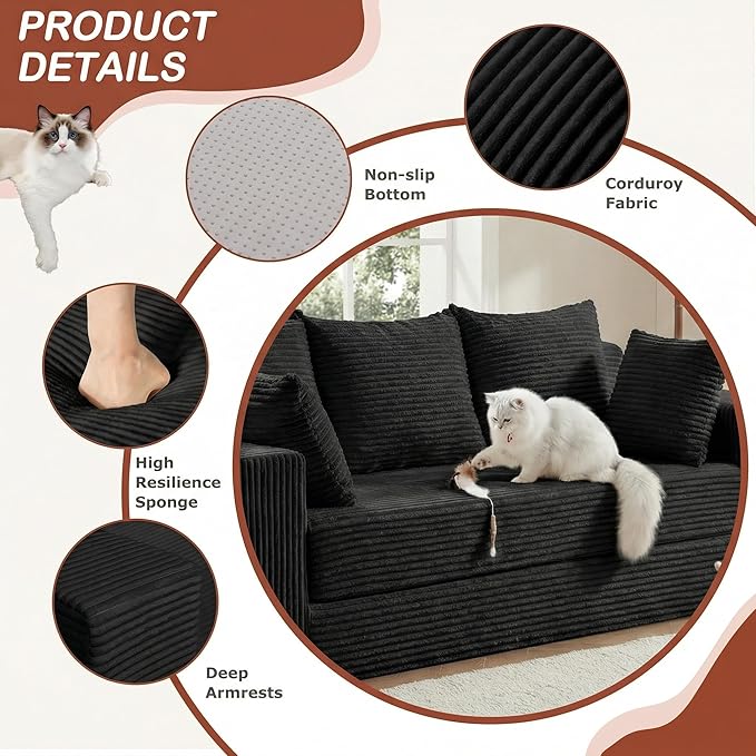 Convertible Sofa Bed, 5 in 1 Small Boneless Couch Pull Out Loveseat Sleeper Sofa,Corduroy Futon Couch Folding Mattress with 4 Pillows for Living Room (Black02, 3 Seater)