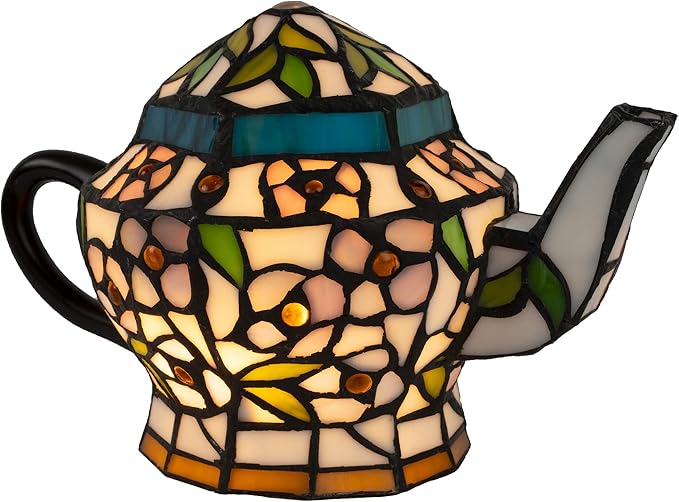 Teapot Lamp-Tiffany Style Stained Glass Table or Desk Light LED Bulb Included-Vintage Look Colorful Accent Décor for Home or Office by Lavish Home