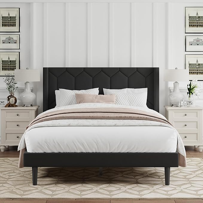 Full Size Bed Frame with Velvet Upholstered Headboard, Platform Bed Frame No Box Spring Needed, Modern Bedframe with Strong Wooden Slats, Black