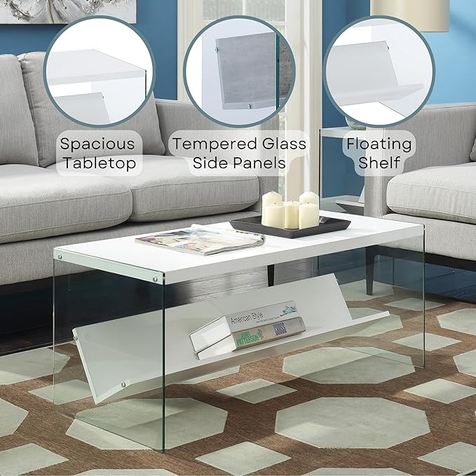Convenience Concepts SoHo Glass Coffee Table 40" - Modern Living Room Table with Storage Shelf, Contemporary Coffee Table for Family Room, White