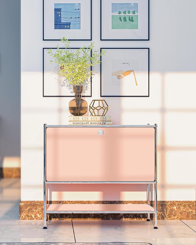 Metal Sidetable with Flap Door, 27.5" Height - DIY Modern Furnishing for Home, Office, Foyer, Bedroom - Night Stand, Book Shelf, Bookshelf, Cube Storage Organizer, Bedside Table (Matt Pink)