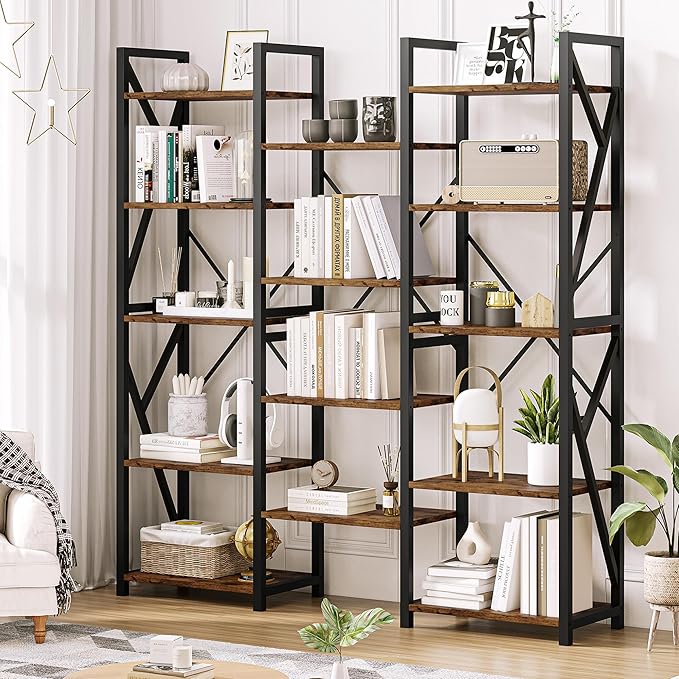 GAOMON GAOMONTriple Wide 5 Tier Book Shelf, Tall Bookshelf with Open Display Shelves, Industrial Large Bookshelves and Bookcases with Metal Frame for Living Room, Bedroom, Home Office-Grey