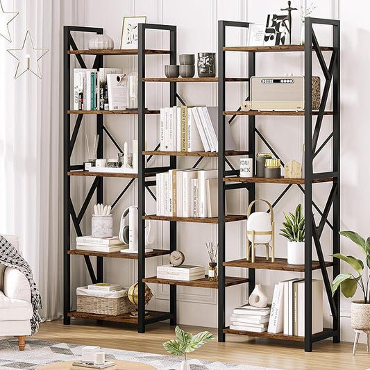 GAOMON GAOMONTriple Wide 5 Tier Book Shelf, Tall Bookshelf with Open Display Shelves, Industrial Large Bookshelves and Bookcases with Metal Frame for Living Room, Bedroom, Home Office-Grey