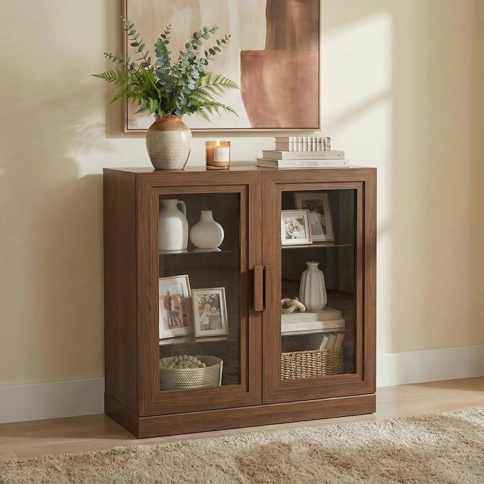 Casaphoria Adam Sideboard Buffet Cabinet with Storage, Display Cabinet with Glass Doors & Adjustable Shelves, 31" W x 31" H Buffet Cabinet for Entryway Kitchen Living Room, Walnut