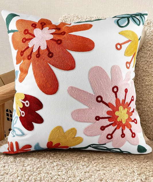 Embroidered Throw Pillow Cover - 18x18 Decorative Pillow Cover with Zipper Aesthetic Cute Design Boho Spring Summer Cozy Throw Pillowcase for Living Room Couch Sofa Bed, Artistic Flowers
