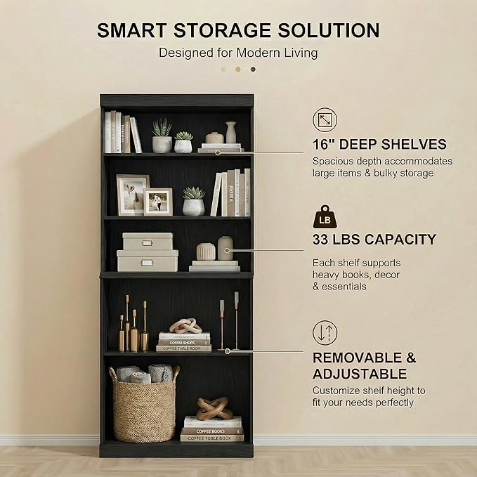 Casaphoria 6 Tier Wooden Bookshelf, 62" H Tall Book Shelf with Adjustable Shelves, Wide Bookshelf with 16" Deep Storage Space for Living Room,Bedroom & Home Office