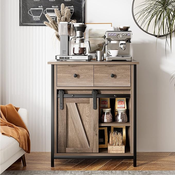 Senfot Coffee Bar Cabinet, Modern Farmhouse Kitchen Buffet Sideboard with 2 Drawers and 2 Shelves, Sliding Barn Door Storage Cabinet for Kitchen, Dining Room, Bathroom, Entryway, Rustic Brown