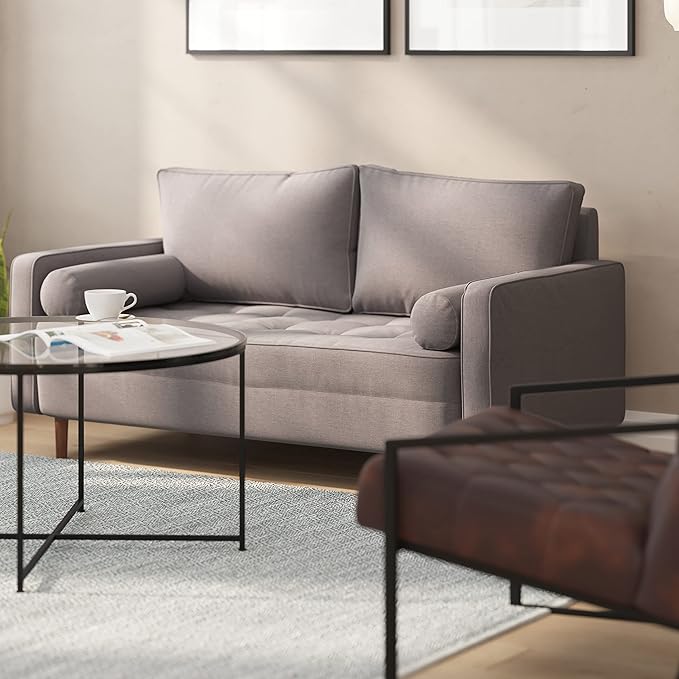 Taylor & Logan Hendrix Tufted Faux Linen Upholstered Mid-Century Modern Loveseat with Solid Wood Legs in Slate Gray