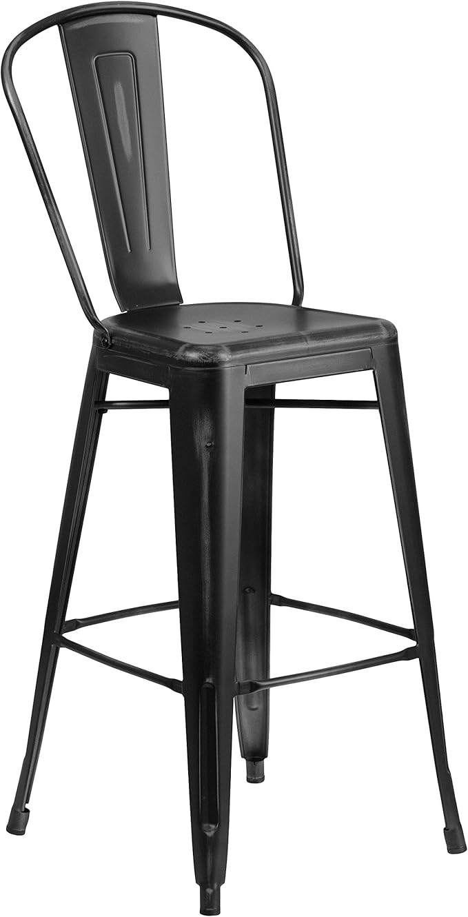 Flash Furniture Commercial Grade 30" High Distressed Black Metal Indoor-Outdoor Barstool with Back