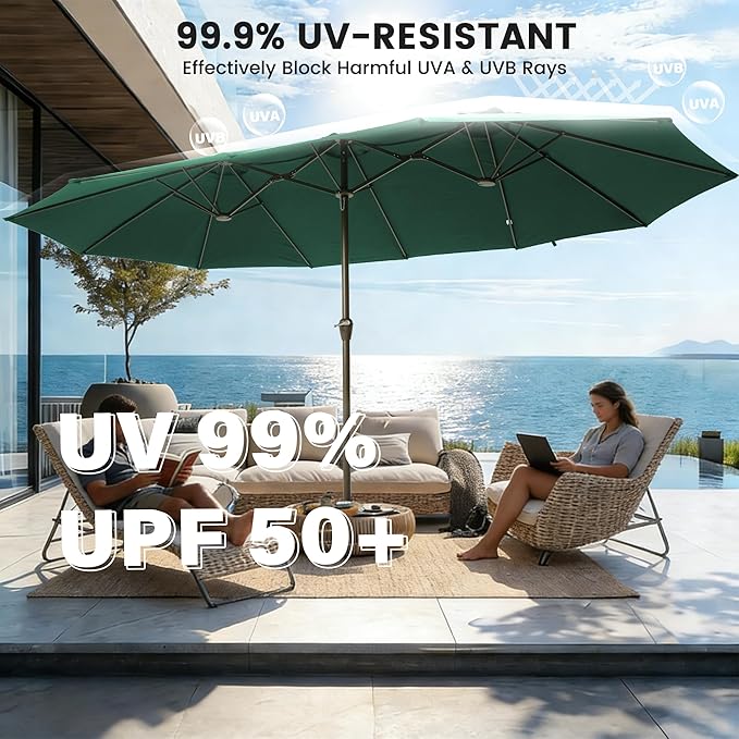Ayge 15FT Patio Umbrella with Base,Large Outdoor Double-Sided Rectangle Umbrella with Crank Handle, Market Umbrella for Poolside Garden Deck Backyard Beach Pools,Green
