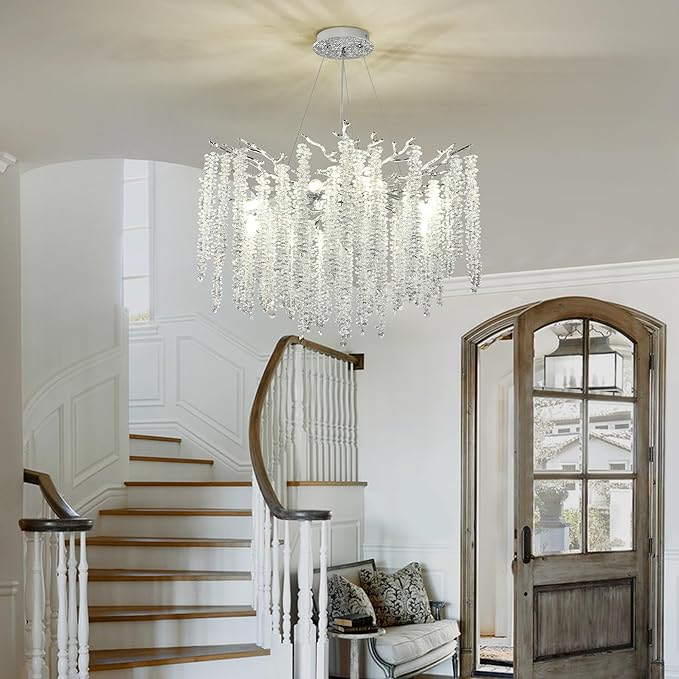 Modern Crystal Tree Branch Chandelier, Chrome Round Art Deco Raindrop Lighting Fixture for Dining Room Bedroom Foyer 6 Lights D18''