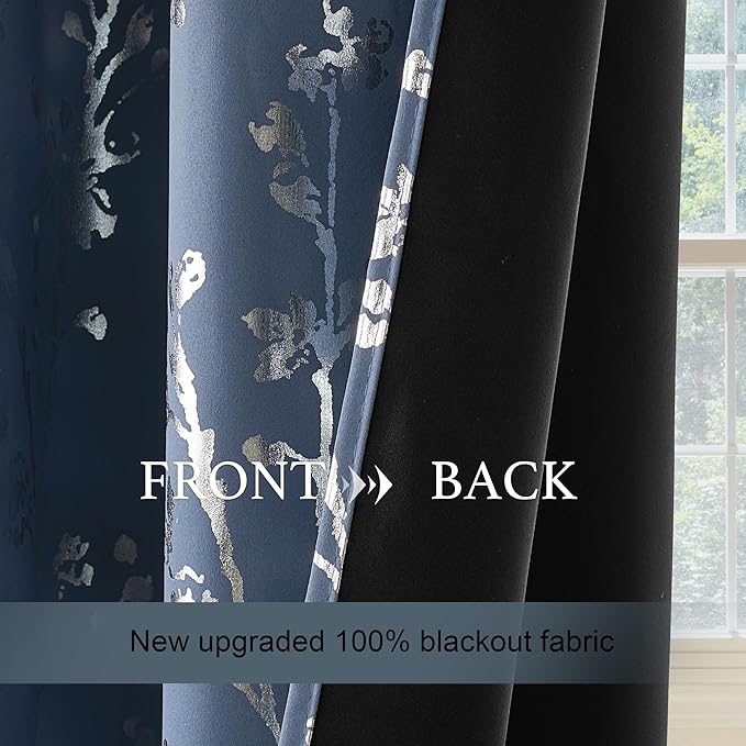 NICETOWN Stone Blue 100% Blackout Curtains 63 inch Length, Grommet Tree Pattern Foil Printed Window Treatments Floral Thermal Curtains for Bedroom, W52 x L63, 2 Panels