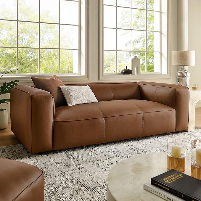Modway Auren Vegan Leather Sofa in Coffee - Faux Leather Couch - Comfy Modern PU Leather Sofa - Oversized Mid Century Modern Couch for Living Room, Apartment, Loft