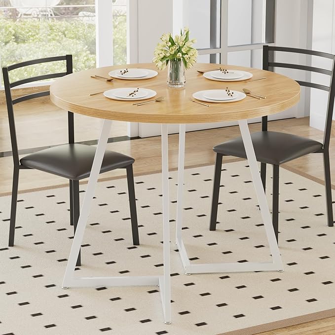 VECELO Round Dining Table Set for 4, Wood Tabletop & Heavy-Duty Steel Frame, 8-Piece Dinette with Chairs for Kitchen, Breakfast Nook, Natural & White