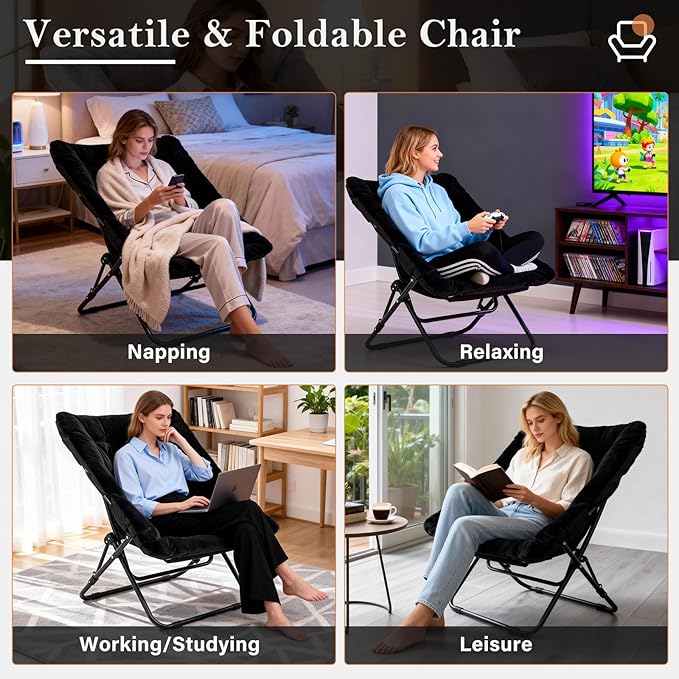 Saucer Chair, Comfy Bedroom Chairs, Oversized Folding Faux Fur Chair, Foldable Metal Frame Chair for Bedroom, Patio, Study, Playroom (Black)