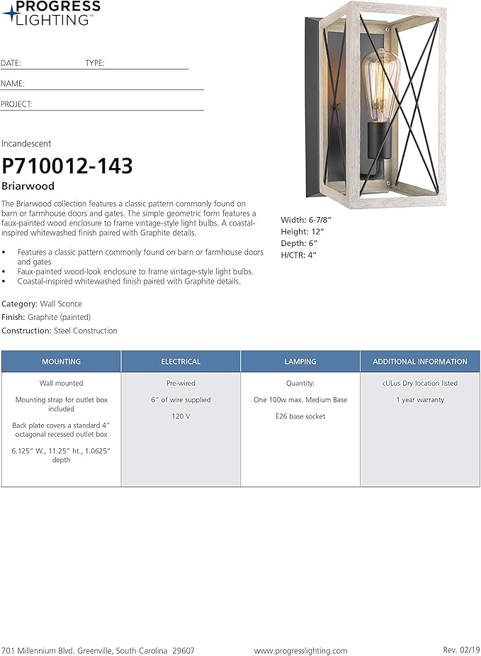 Progress Lighting P710012-143 Briarwood Graphite One-Light Wall Sconce, , Black