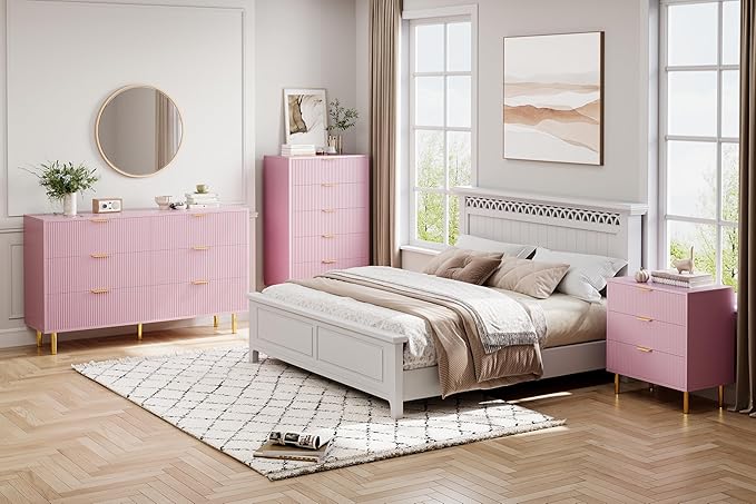IDEALHOUSE Pink Dresser, Modern 5 Drawer Dresser for Bedroom with Gold Handle and Large Drawer, Wood Double Chest of Drawers and Storage Organizer for Living Room, Hallway, Entryway