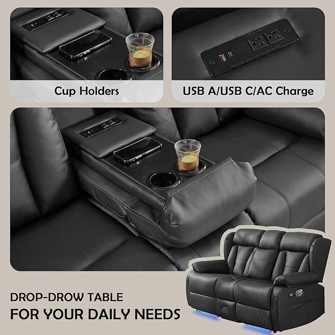 72.8" Loveseat Recliner Sofa, Manual Reclining Couch with Console, AC Outlet & USB-A/USB-C Ports, Wall Hugger RV Sofa for Living Room & Home Theater with Cup Holders (Black Console with LED)