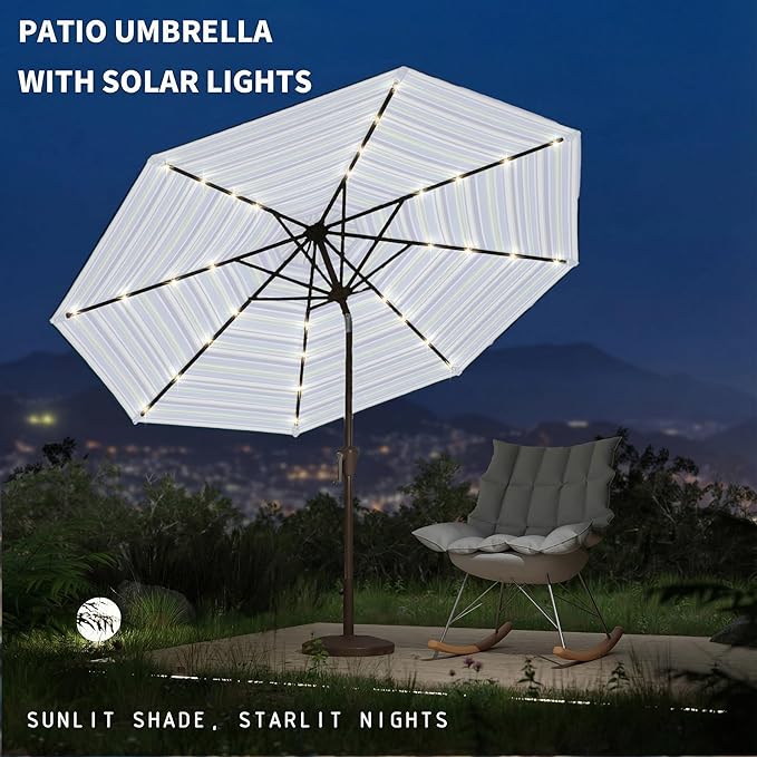 9FT Patio Umbrella with Solar Lights,Outdoor Market Umbrella with Tilt and Crank, LED Lighted Table Umbrella for Garden,Deck,Backyard,Pool,Beach (Blue Green Stripes)