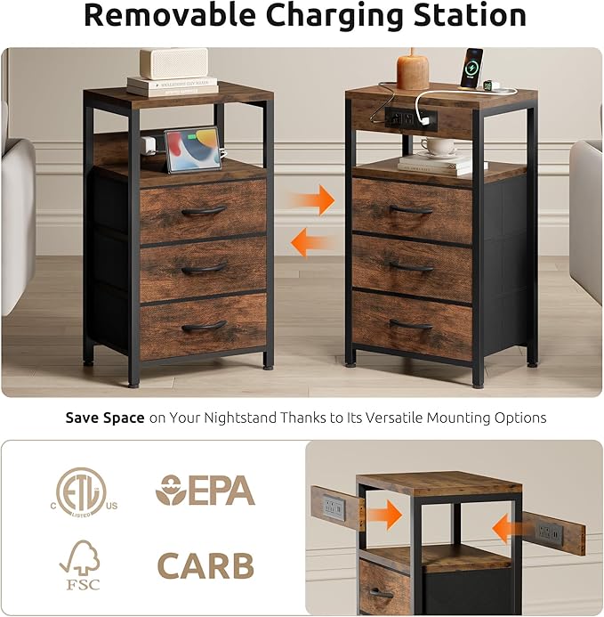 NightStand Bedside Charging Table Bedroom - Night Stand with Charger Station, Modern Nightstand with Open Shelf & 3 Fabric Drawers, Bed Side Table USB-C Port for Dorm Living Room