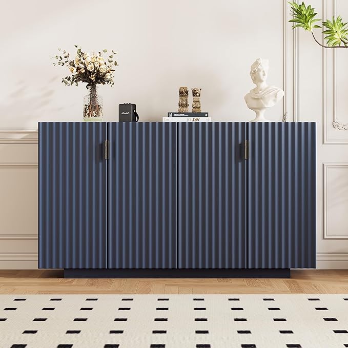 60" 4 Wavy Doors Ample Storage Sideboard with Adjustable Shelves,Retro Acacia Wood Console Table w/Retro Copper Handles,for Entryway Kitchen Dining Room Living,Antique Navy