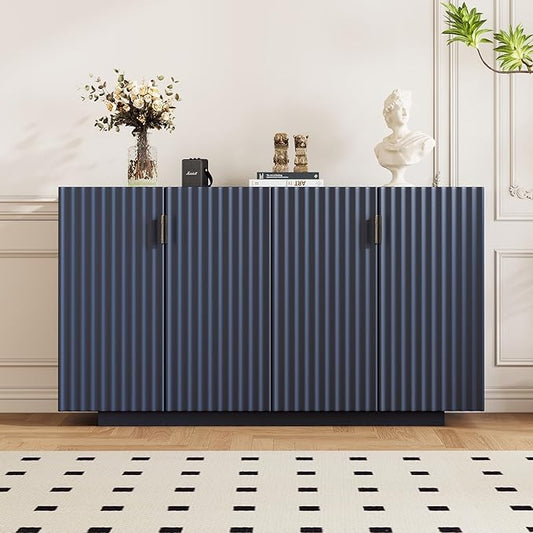 60" 4 Wavy Doors Ample Storage Sideboard with Adjustable Shelves,Retro Acacia Wood Console Table w/Retro Copper Handles,for Entryway Kitchen Dining Room Living,Antique Navy