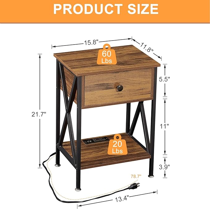 VECELO Nightstand, Bedside End Tables with Charging Station, USB Ports, Drawer Shelf, Night Stand for Bedroom Living Room 2-Pack, Brown