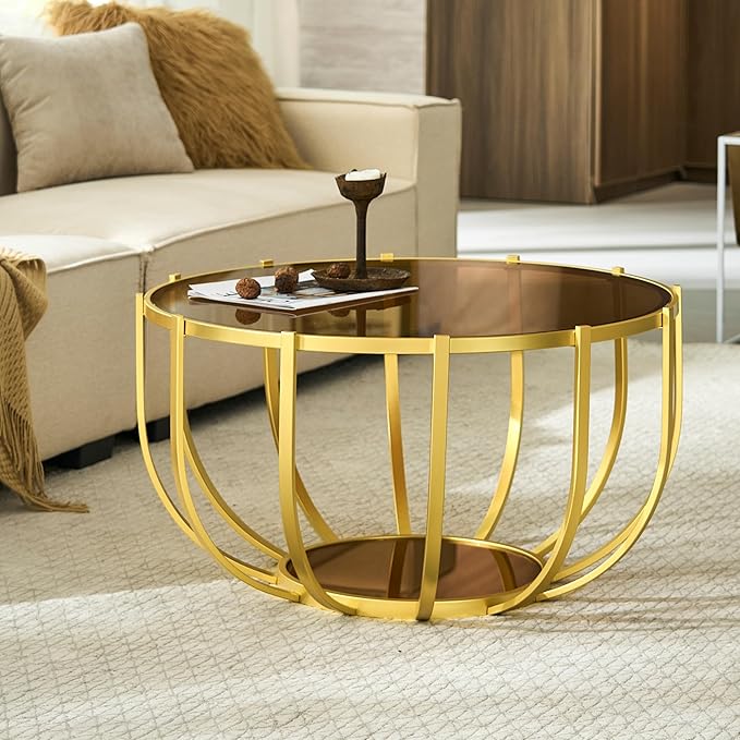 Saint Mossi Glass Round Coffee Table for Living Room, Modern 2-Tier Gold Drum Center Table, Brown Glass Top, Brown Mirror Shelf and Gold Frame, W30xH16.5